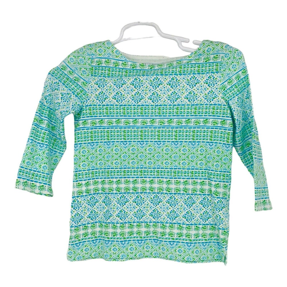 Talbots Blue Geometric Sea Shells Beach Top Womens Size PP‎ Stretch Boat Neck